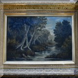 A03. Unsigned landscape painting with river and trees. Canvas: 10”h x 14”w